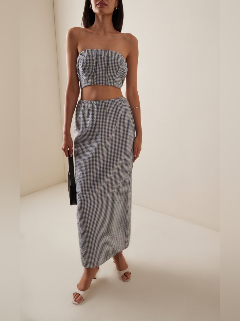 Posse Small Mira Bandeau and Maxi Skirt Blue Gingham Cotton